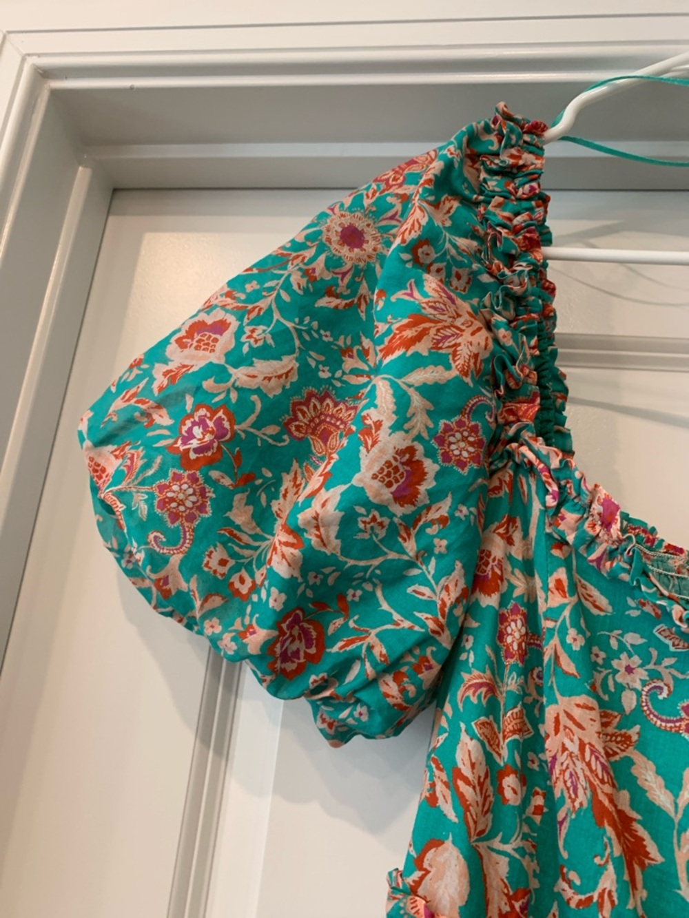 Fate Teal Floral Puff-Sleeve Midi  S Dress 100 percent cotton NWOT - Picture 4 of 13